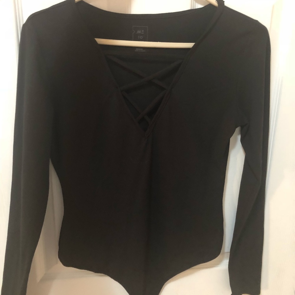 Black v neck lace up body suit